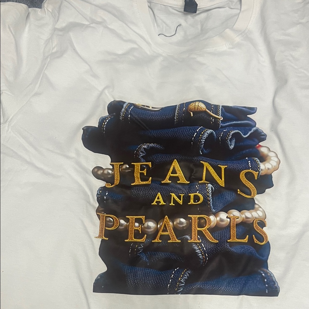 White T-Shirt with Jeans and Pearls Graphic